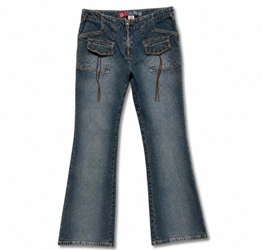 Vtg Y2K O Jeans Low Rise Cargo Denim Pant Bootcut Fairy Grunge Front Zip Utility